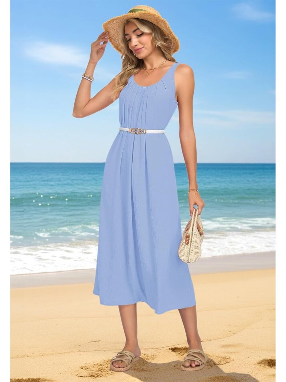 Women's Sky Blue Summer Maxi Dress Sleeveless Back Hollow Out Long Beach Dress - Picture 4 of 5